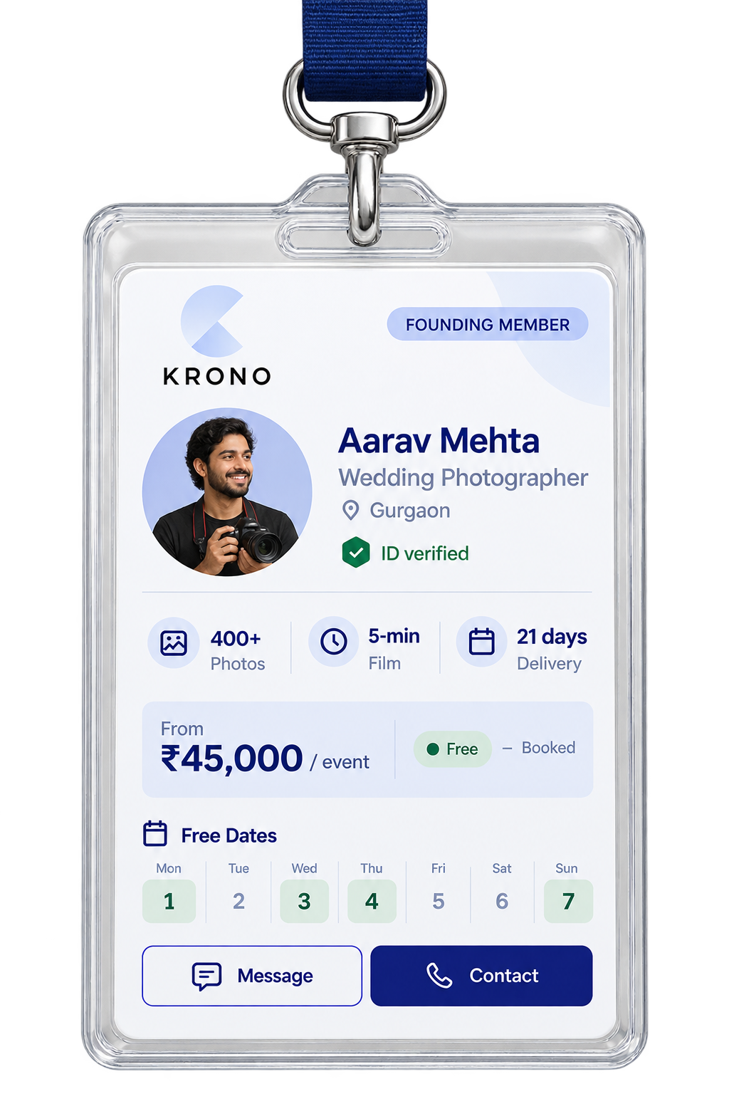 Example Krono profile on an ID card, not a real one: a wedding photographer with an ID-verified badge, packages from ₹45,000 an event and a calendar of free dates.
